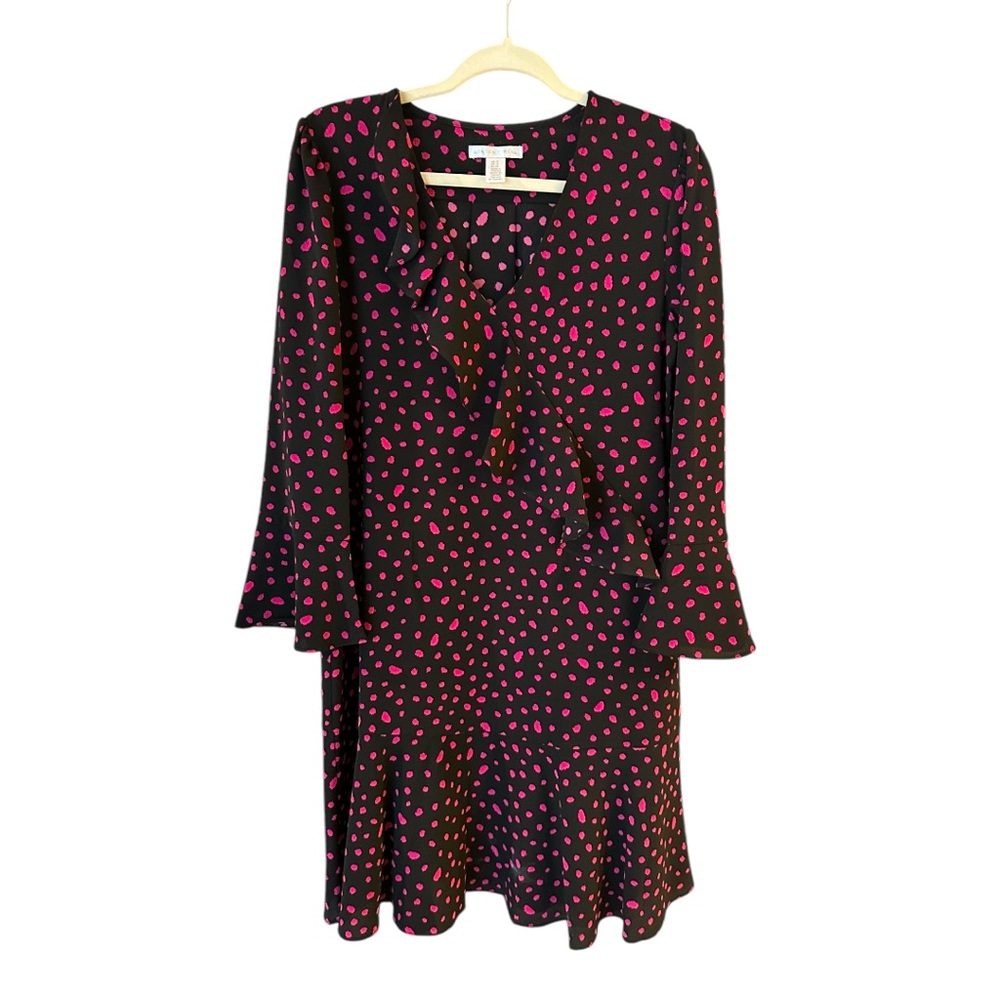 London Times Black and pink polka dot size 10 v-neck, bell sleeve, ruffled dress